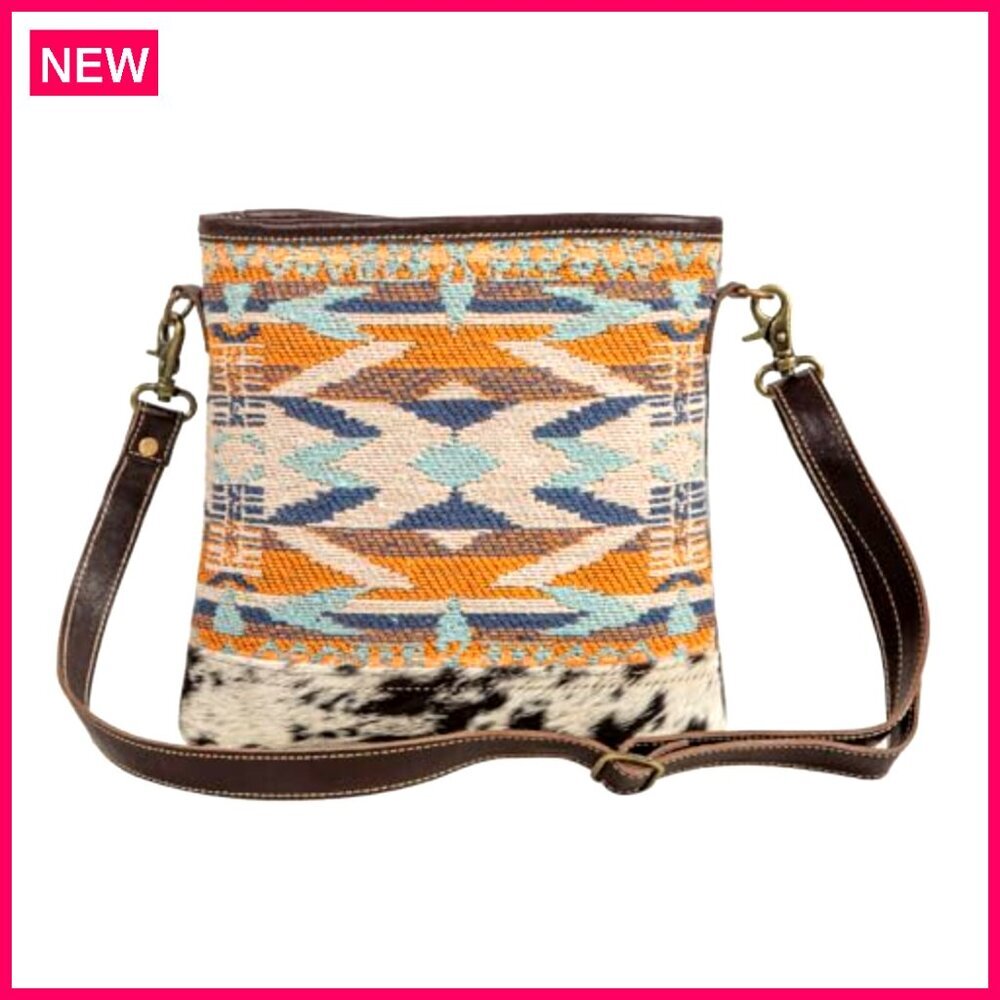 Crossbody Shoulder Bag with Woven Rug Leather Accents Adjustable Strap - Picture 2 of 6
